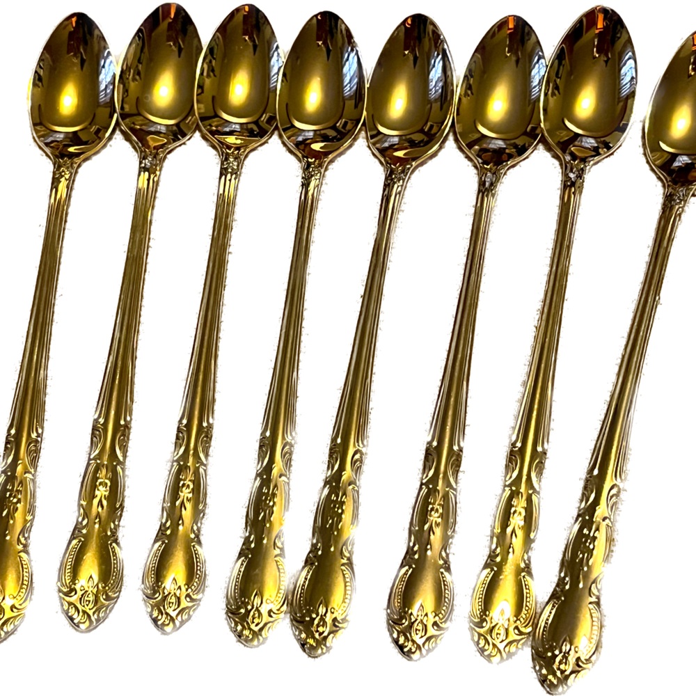 24 KARAT GOLD PLATED ROSES KOREA 8 pc SUNDAE SPOONS 8 place setting flatware